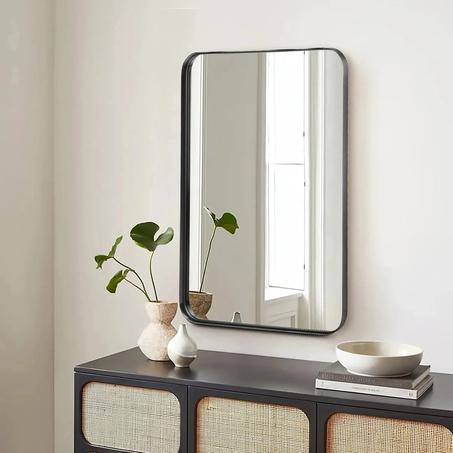 JHK Large Rectangle Vanity Framed Mirror for Wall Matte Metal Framed 30x40 Inch Modern Mirror Tempered Glass For Living Room