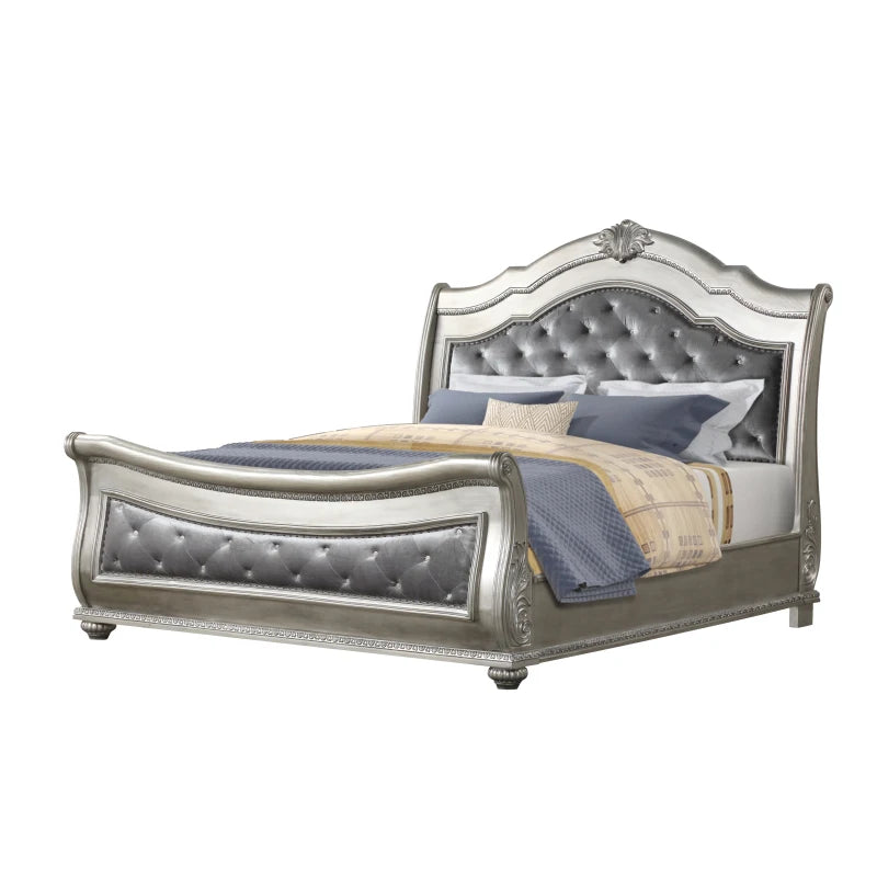 Traditional Crystal Tufted Queen Bedroom Set 4 Piece Silver