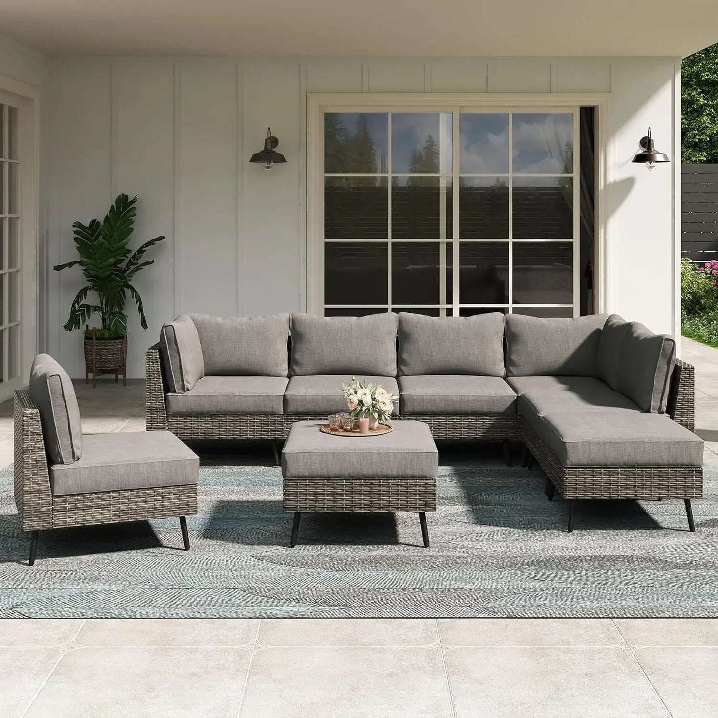 Outdoor Patio Furniture, 8 Piece Outdoor Sectional Sofa PE Rattan Wicker Patio Conversation Sets