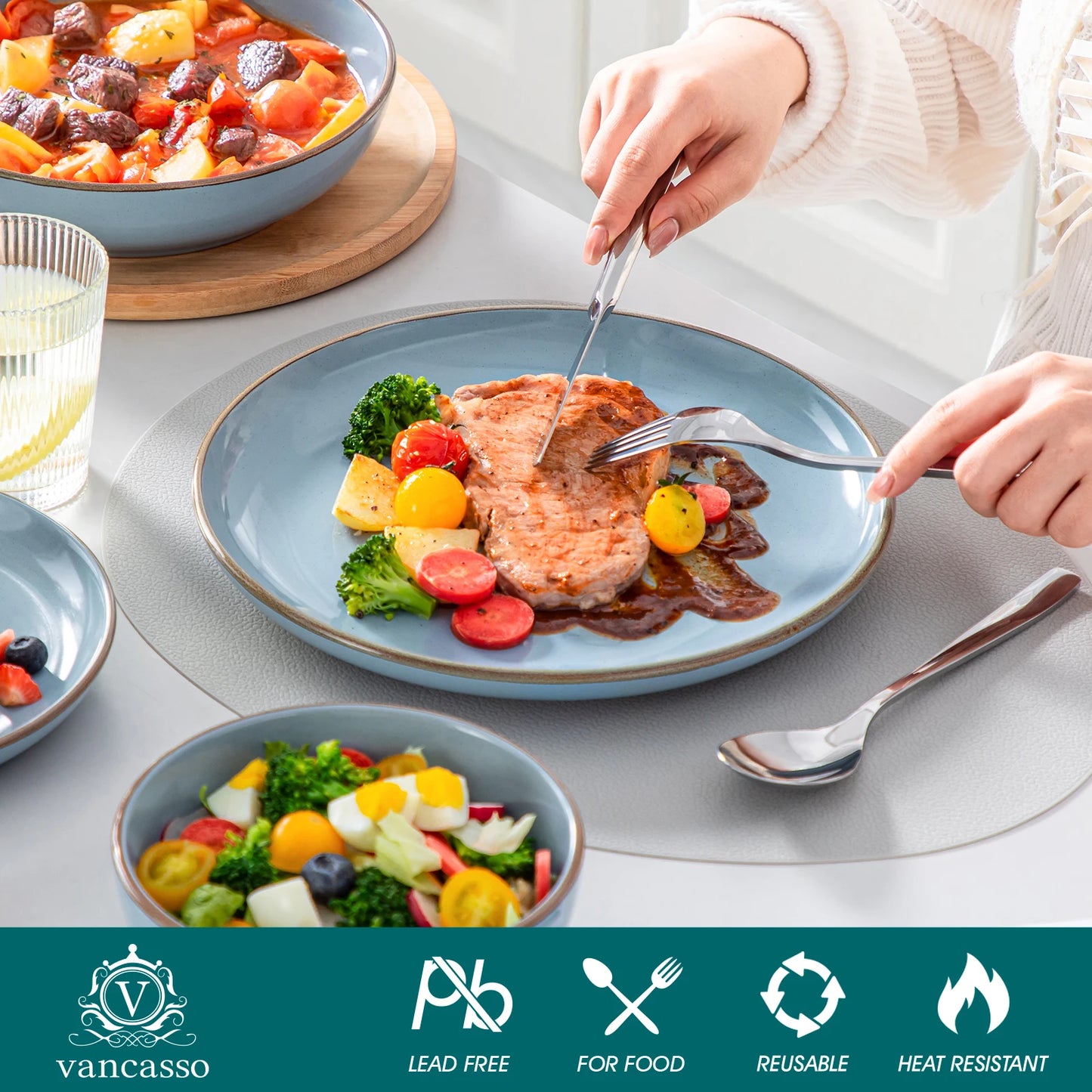 VANCASSO NYMPH 16/32 Piece Ceramic Glaze Tableware Set with Dinner/Dessert/Soup Plate/Bowl For 4/8 Person 4 Color Optional