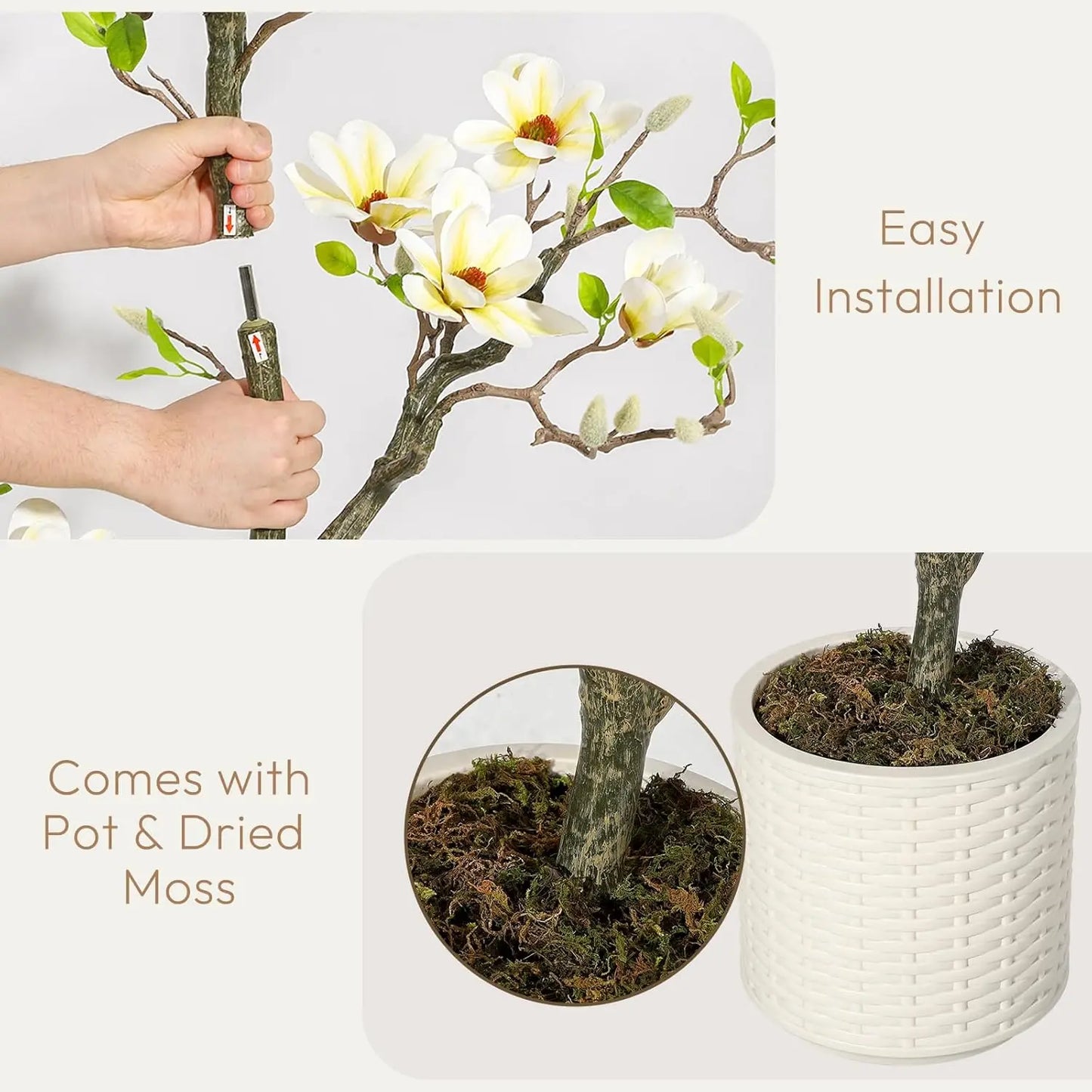 Artificial Magnolia Tree, Lifelike Flowers & Vibrant Leaves in White Pot - Perfect for Home, Office, Patio or Yard Decor