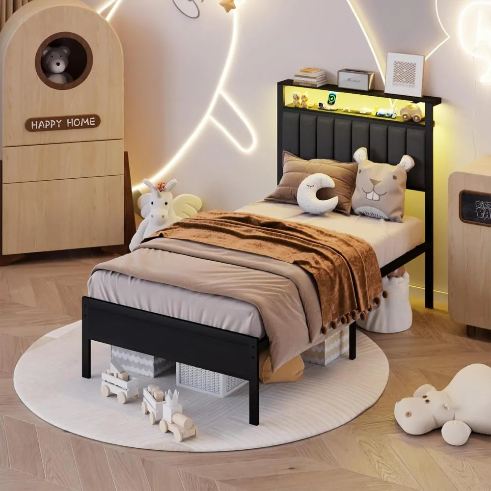 LED Twin Size Bed Frame with Charging Station and 2-Tier Storage Shelves, Platform Bed with Metal Slats, No Box Spring Needed