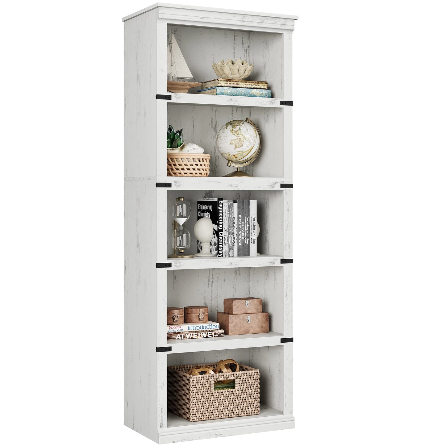 5 Tier Bookcase, Farmhouse Book 3-5 Shelf with Storage Open Display Bookshelves, Home Decor Furniture for Home Office, Bed Room