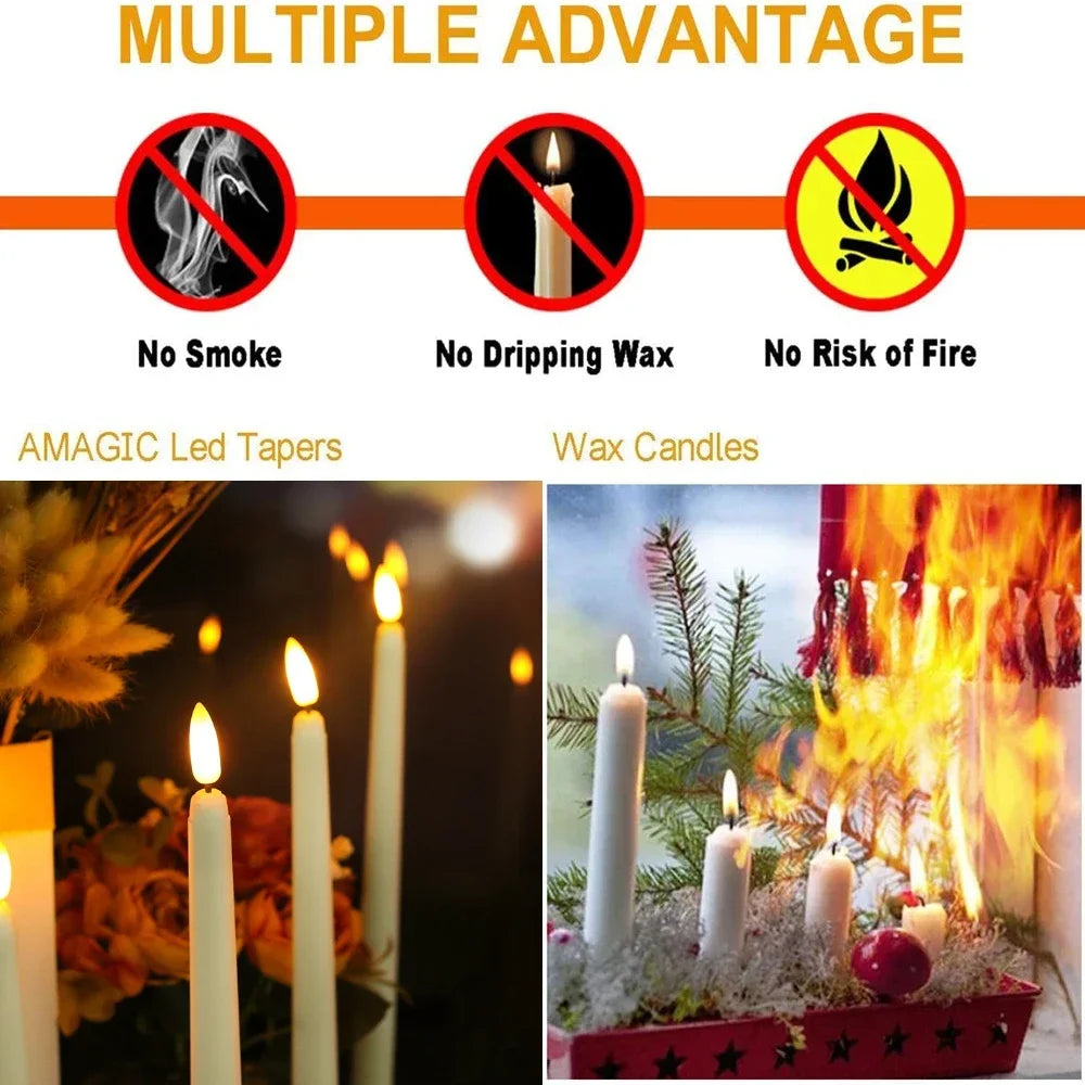 Pack of 6/12 Flameless Ivory Taper Candles Flickering with Remote Battery Operated Christmas Home Wedding Table Decor