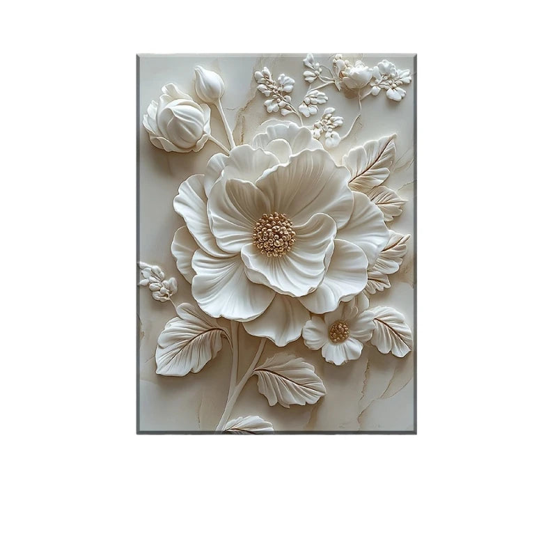 White Flower Pattern Wood Frame Canvas Mural Living Room