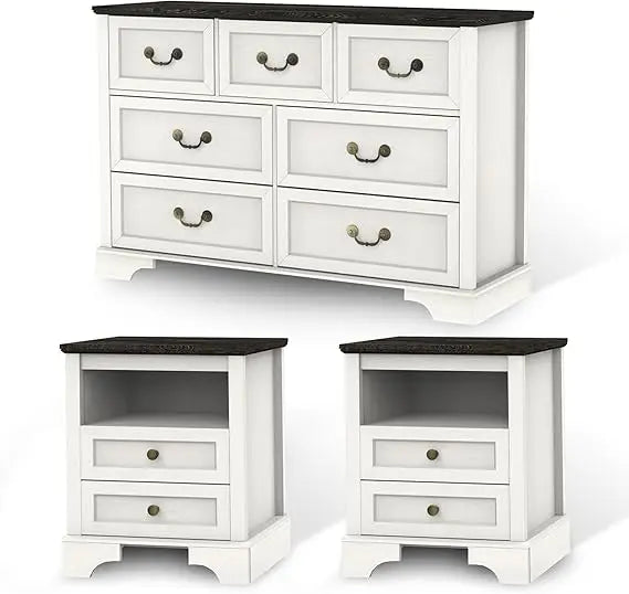 Farmhouse Bedroom Set, 3 Pieces Bedroom Furniture Set, Rustic Wood 6 Drawer Dresser and Nightstands, Chest of Drawers Wide Stora
