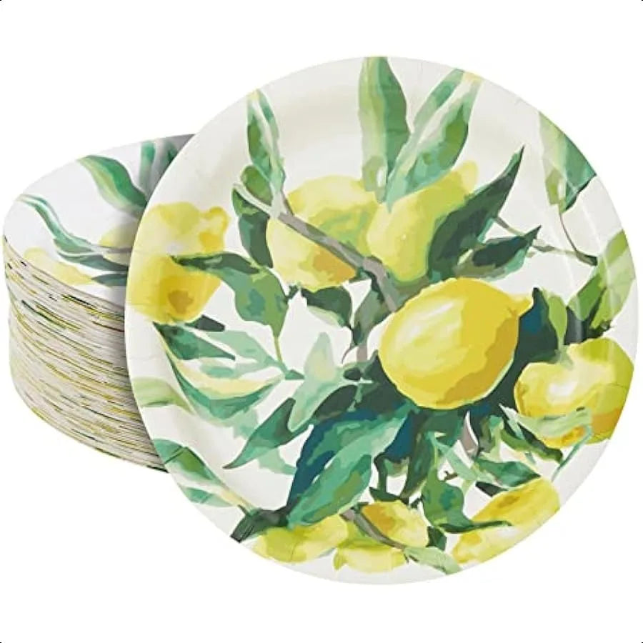 80Pack Disposable Lemon Paper Plates for Birthday Party Decorations Bridal and Baby Showers 9 in