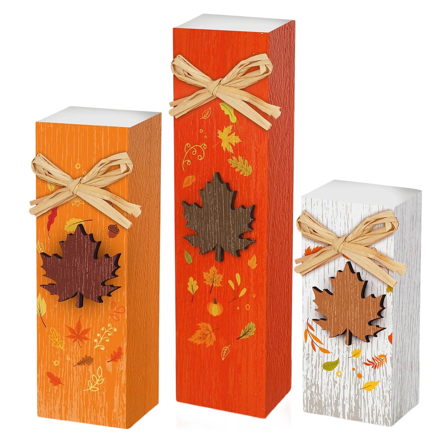 Rustic Autumn Tabletop Decor Set with Wooden Standing Blocks and Letter Print Signs for Tiered Trays 3 Pieces
