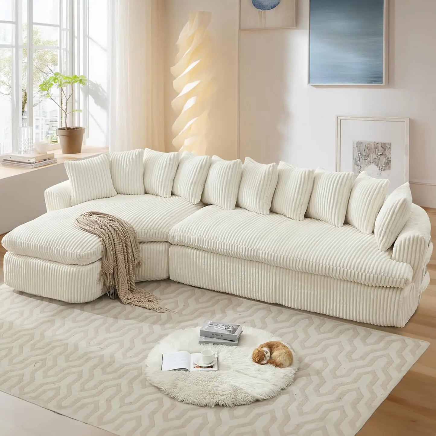 127'' Cloud Corduroy Couch for Living Room, Modern Curved Cloud Sofa, Upholstered Corner Couches for Living Room, L Shaped Secti