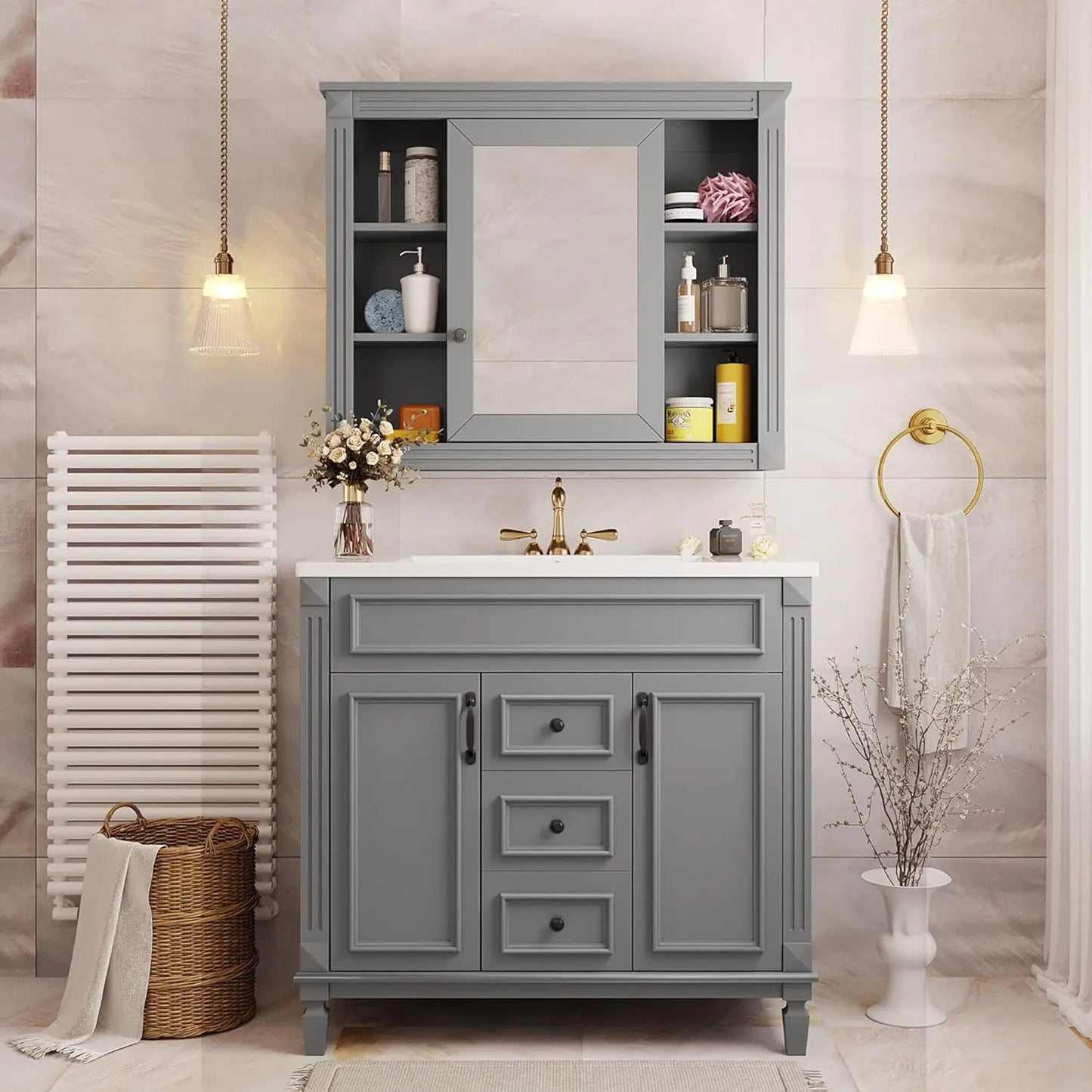 36'' Bathroom Vanity with Matching Medicine Cabinet and Ceramic Sink, Traditional Freestanding Bathroom Storage Cabinet