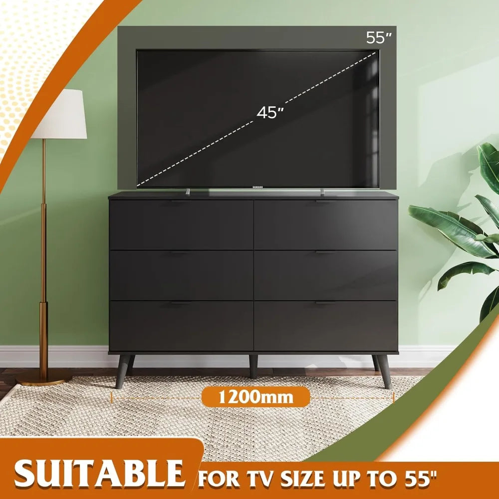 Black Dresser for Bedroom, 47.24'' Wide 6 Drawer Wood Dresser Storage Organizer with Sturdy Metal Handle, TV Stand for 55 inch