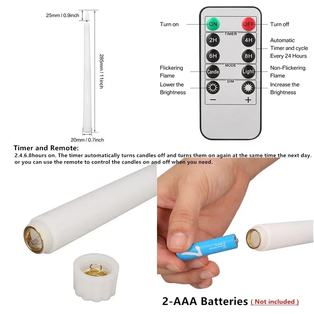 Pack of 6/12 Flameless Ivory Taper Candles Flickering with Remote Battery Operated Christmas Home Wedding Table Decor