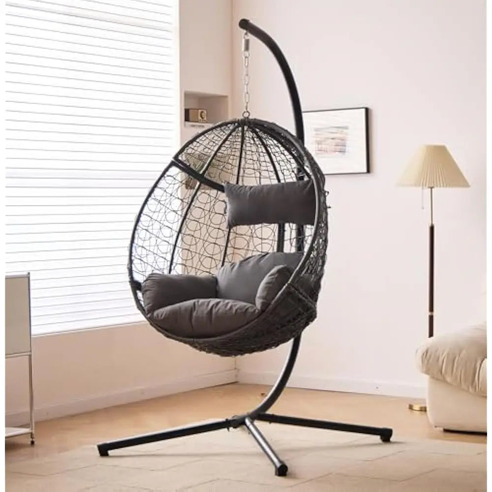 Indoor/Outdoor Hanging Chair/Hammock Chair with Stand, Hanging Swing Egg Chair with Removable & Washable Grey Cushions, Hammocks