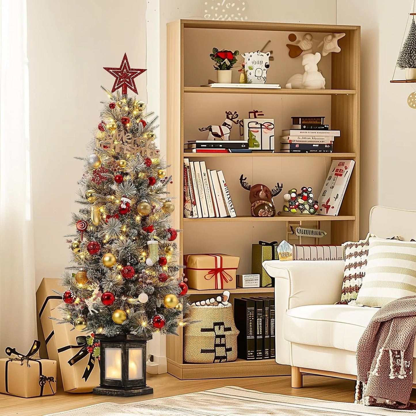 4.5ft Pre-Lit Artificial Christmas Tree, Small Flocked Potted Christmas Trees with 200 LED Lights, Xmas Tree for Tabletop