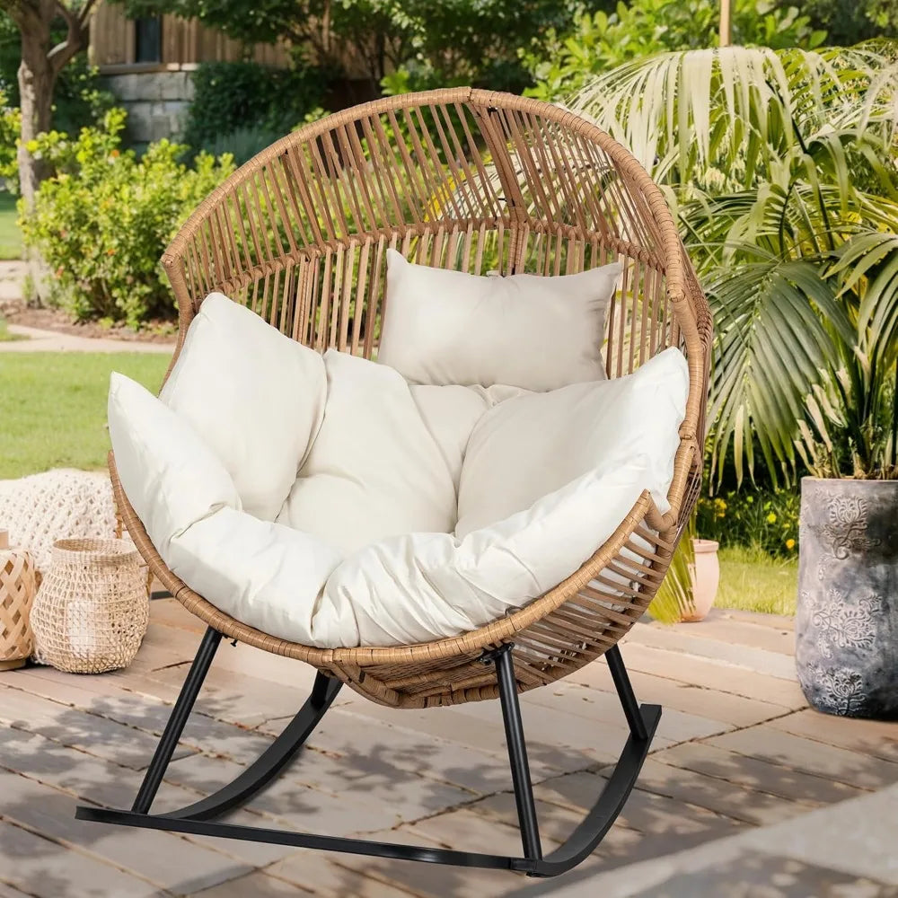 Wicker Egg Rocking Chair with Cushion for Outdoor Relaxation