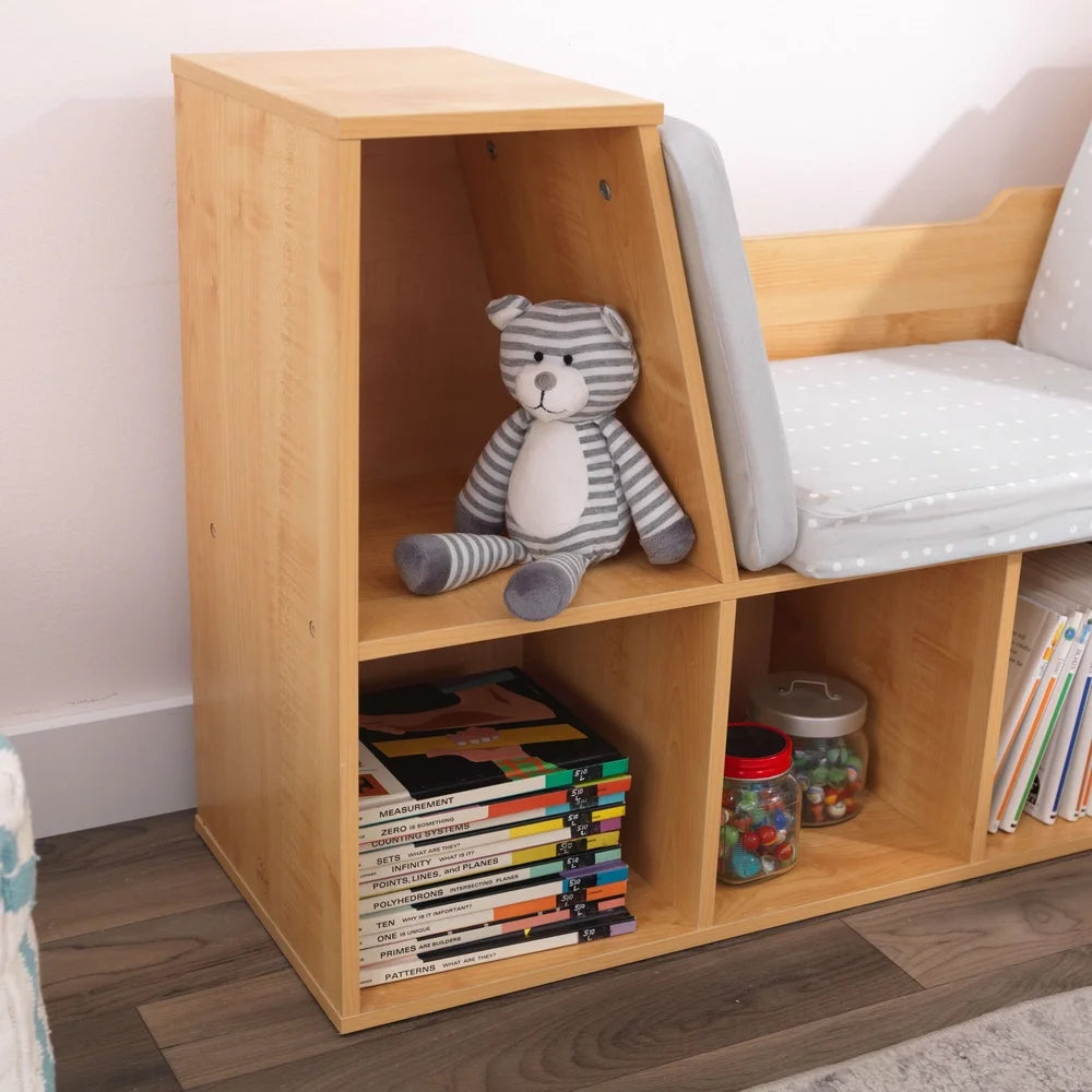 Bookcase with Reading Nook 6 Shelves Comfortable Cushions Kids Storage Space Toys Books Playroom Furniture Natural Finish