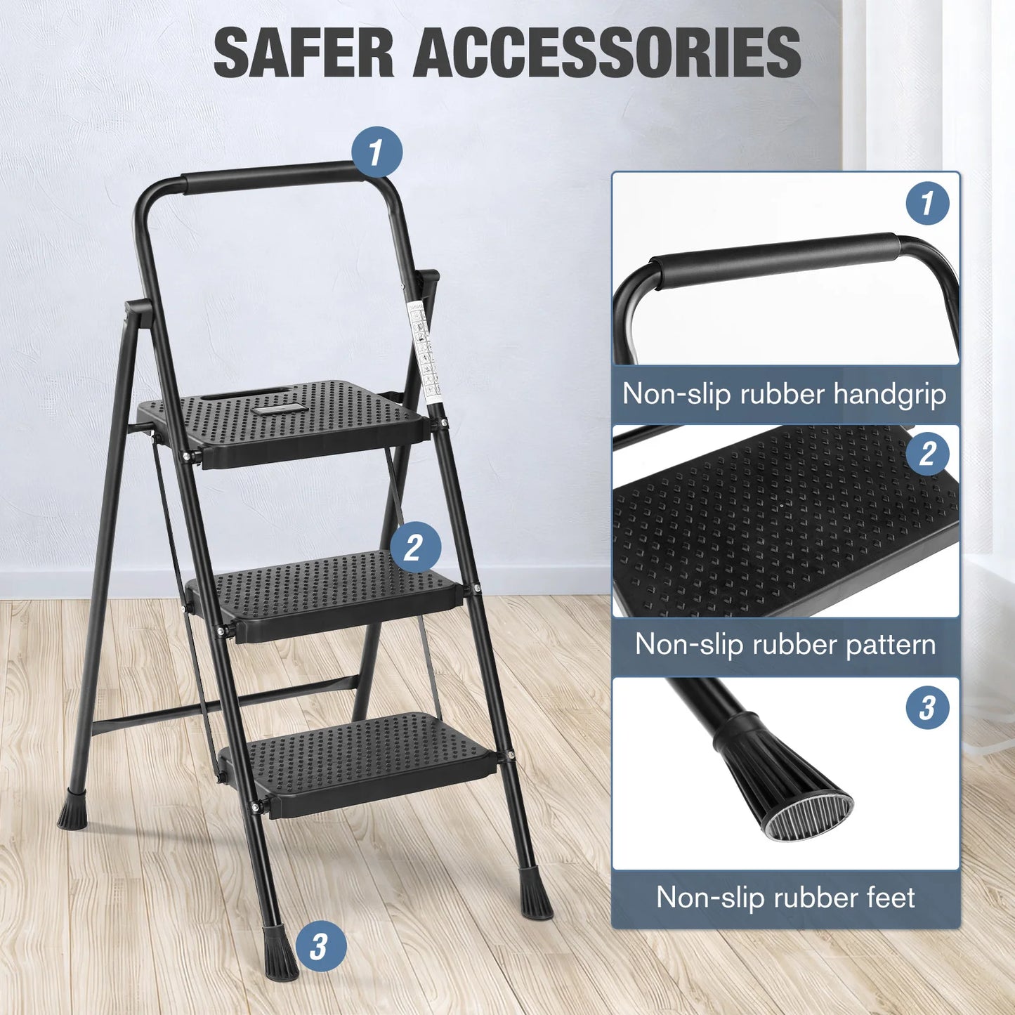 JHK Folding 2 3 Step Ladder Anti Slip Pedal 800 Lb Capacity