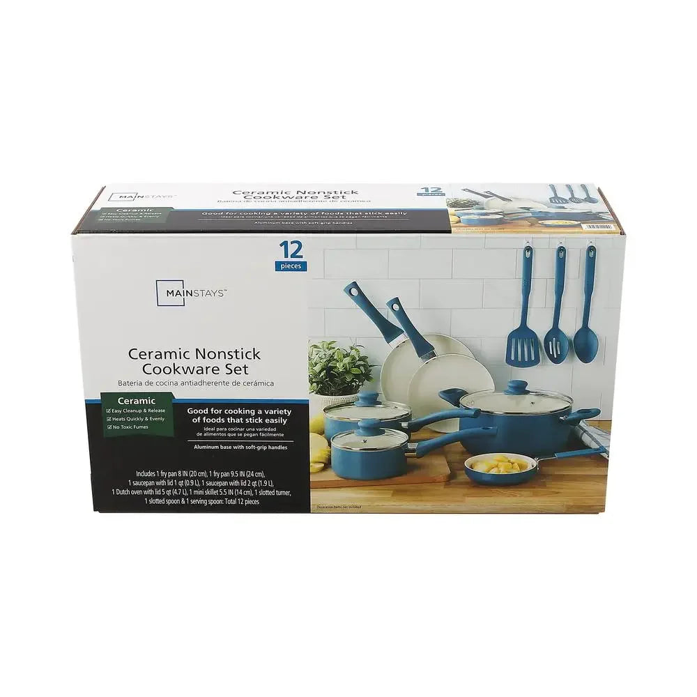 12-Piece Nonstick Ceramic Aluminum Cookware Set Corsair Blue Fast Heating Easy Cleanup Riveted Handles Ideal Everyday Cooking