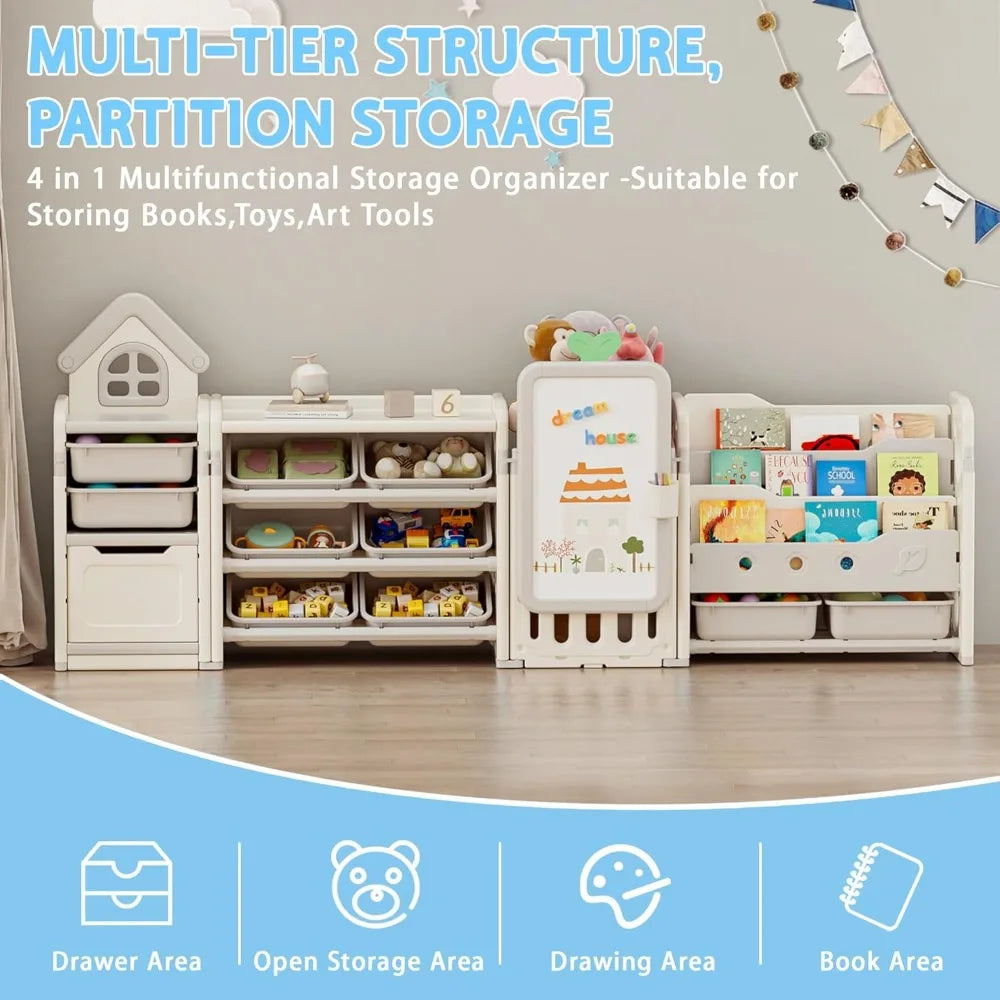 Foldable Kids Toy Storage Organizer with 10 Removable Bins and 3-Tier Bookshelf, 4 in 1 Multifunctional Large Toy Organizer with
