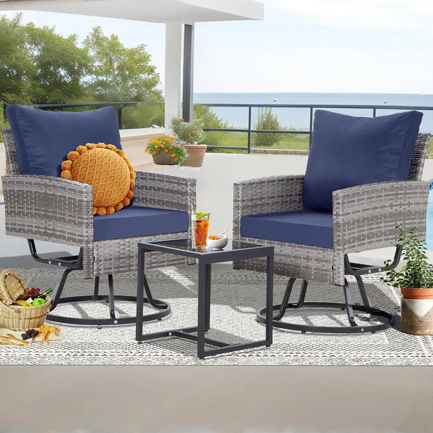 3 Pieces Swivel Patio Furniture Set,Outdoor Wicker Bistro Set with Glass Coffee Table and Thick Cushions for Garden, Balcony