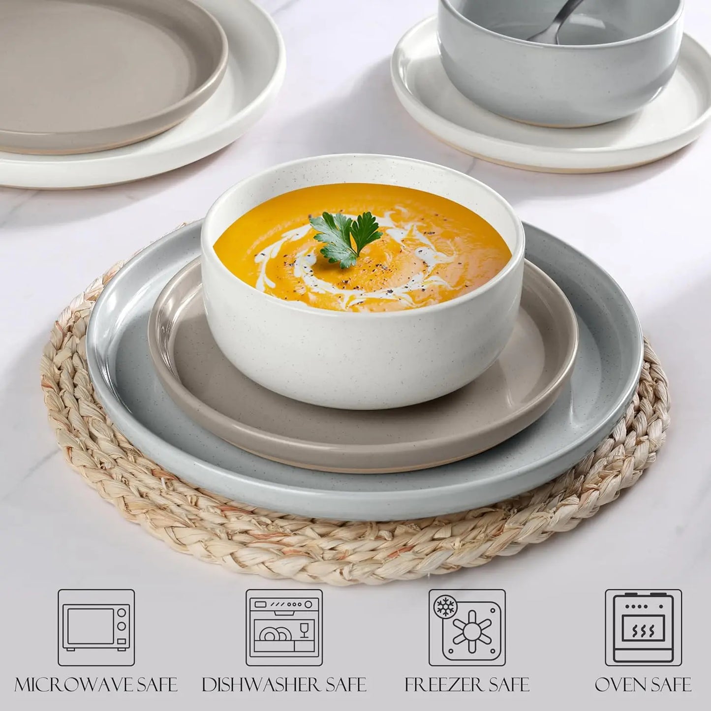 Dinnerware Set for 6, Dining Plates and Bowls Dishes for Kitchen Dining, 18PCS Ceramic Dinner Set, Scratch Resistant & Dishwashe