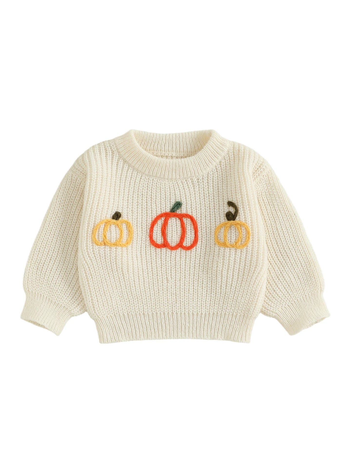 Infant Halloween Pumpkin Embroidered Sweater Crewneck Long Sleeve Pullover Chunky Knit Top for Toddlers