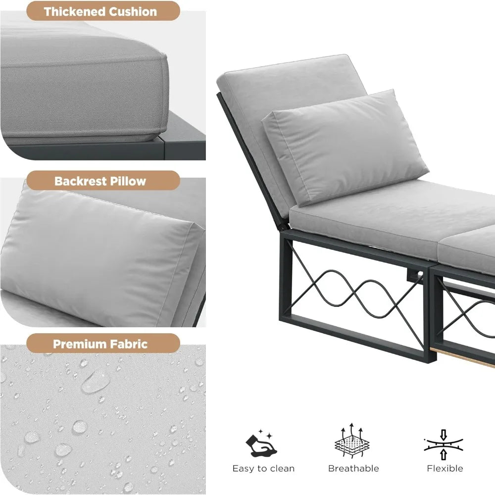 Outdoor Metal Chaise Lounge Chair, Convertible Patio Armchair with Cushions, Adjustable 5-Position Sun Recliner