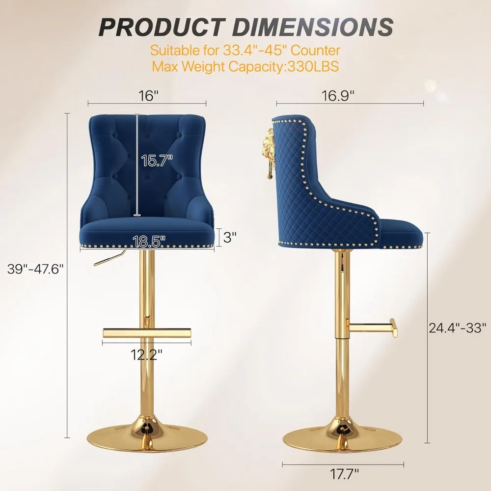 Bar Stools Set of 2, Golden Base Counter Height Stools with Footrest, Velvet Adjustable Swivel Kitchen Island Chair with Uphols