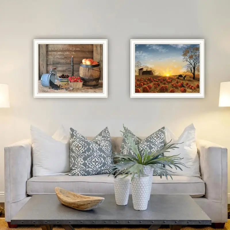 2-Piece Vignette Autumn Sunrise Wall Art, Fruit of the Spirit Framed Prints for Living Room and Bedroom Decor by Artist Billy