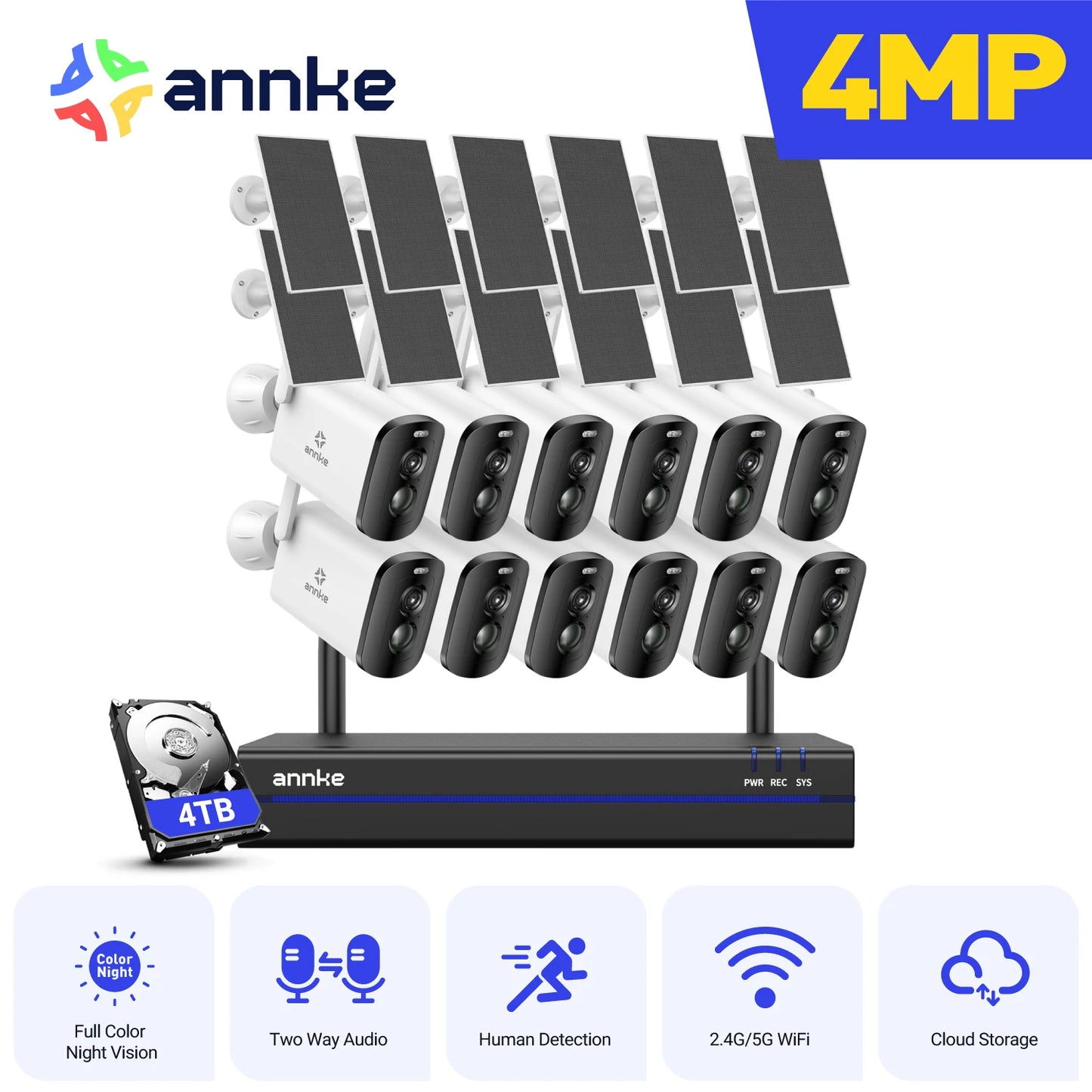 ANNKE 4MP HD Wireless Video Security System 16CH NVR 4/6/8/12 PCS IP Camera PIR Night Vision Outdoor wireless solar camera