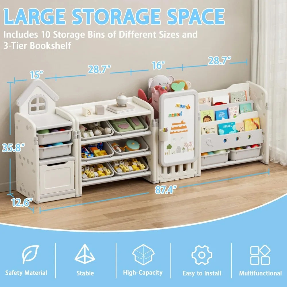 Foldable Kids Toy Storage Organizer with 10 Removable Bins and 3-Tier Bookshelf, 4 in 1 Multifunctional Large Toy Organizer with