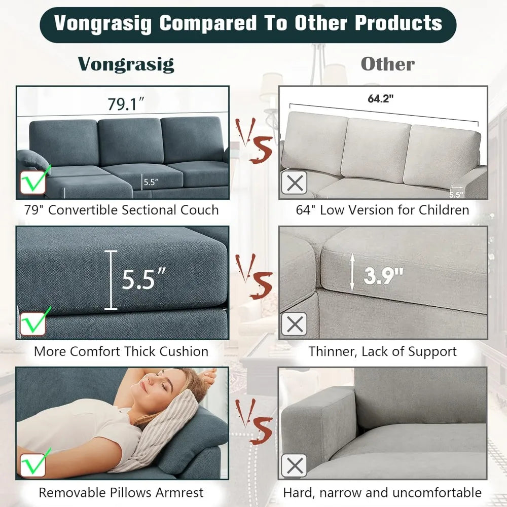 Modern Convertible Sectional Sofa Couch with Removable Pillows