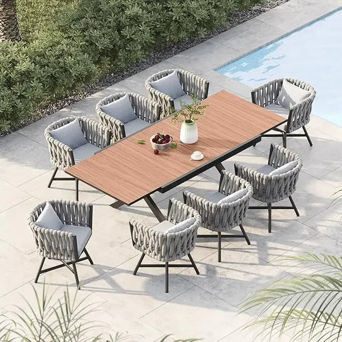 9-Piece Outdoor Dining Set for 8, Patio Dining Furniture Set for 8 Swivel Rope Wicker Chairs