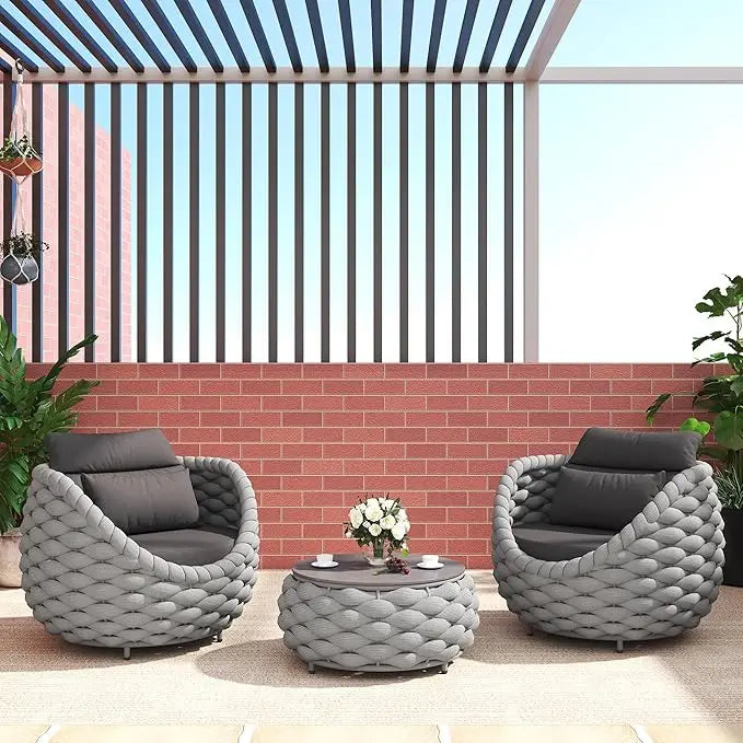 3 Pieces Aluminum Patio Furniture Set, Hand Woven Polyester Rope Modern Outdoor Set W/Washable Cushion
