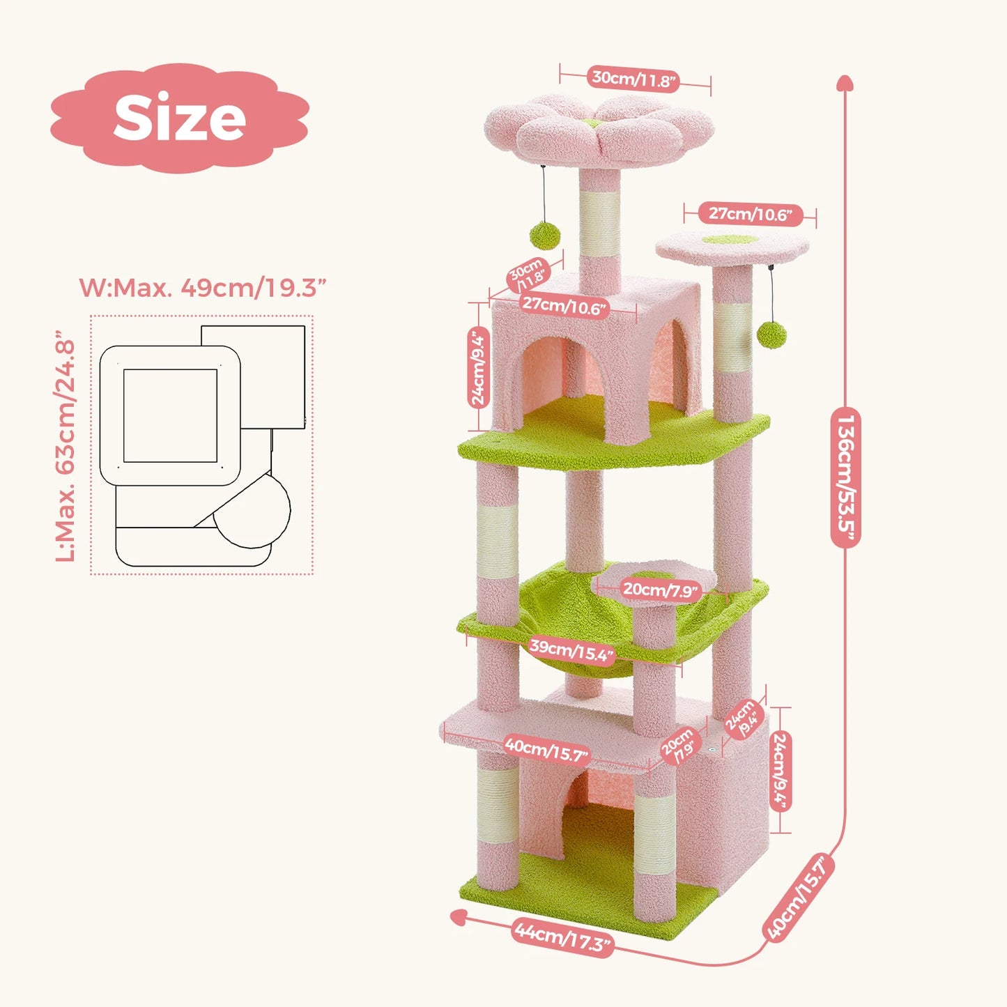 6-levels Cat Tree Tower with Joyful Pompom,Cozy Hammock,Double Condos,2 Top Perches,5 Scratching Posts Perfect for Indoor Cats