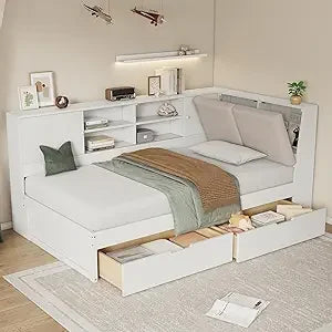Full Daybed with Storage Bookcase,Upholstered Headboard and Charging Station,Solid Wood Full Captain Bed with Storage Drawers C