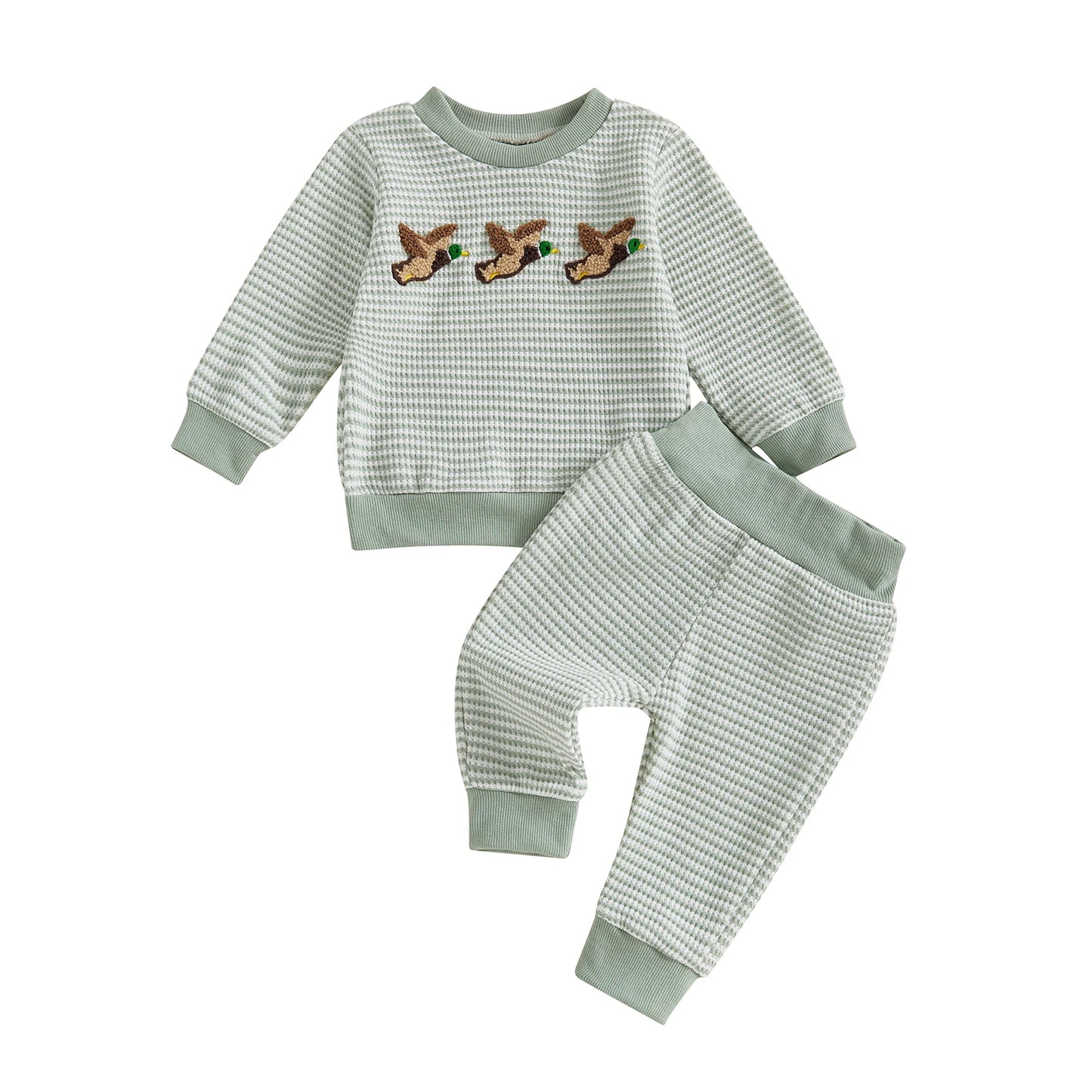 Kids Winter 2Pcs Outfits Long Sleeve Crew Neck Bear Embroidery Sweater Striped Jogger Pants Set for Boys