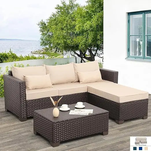 Patio Furniture Set Outdoor Sectional Sofa Set 3 Pieces Wicker Patio Furniture Outdoor Couch Outdoor Ottoman Coffee Table