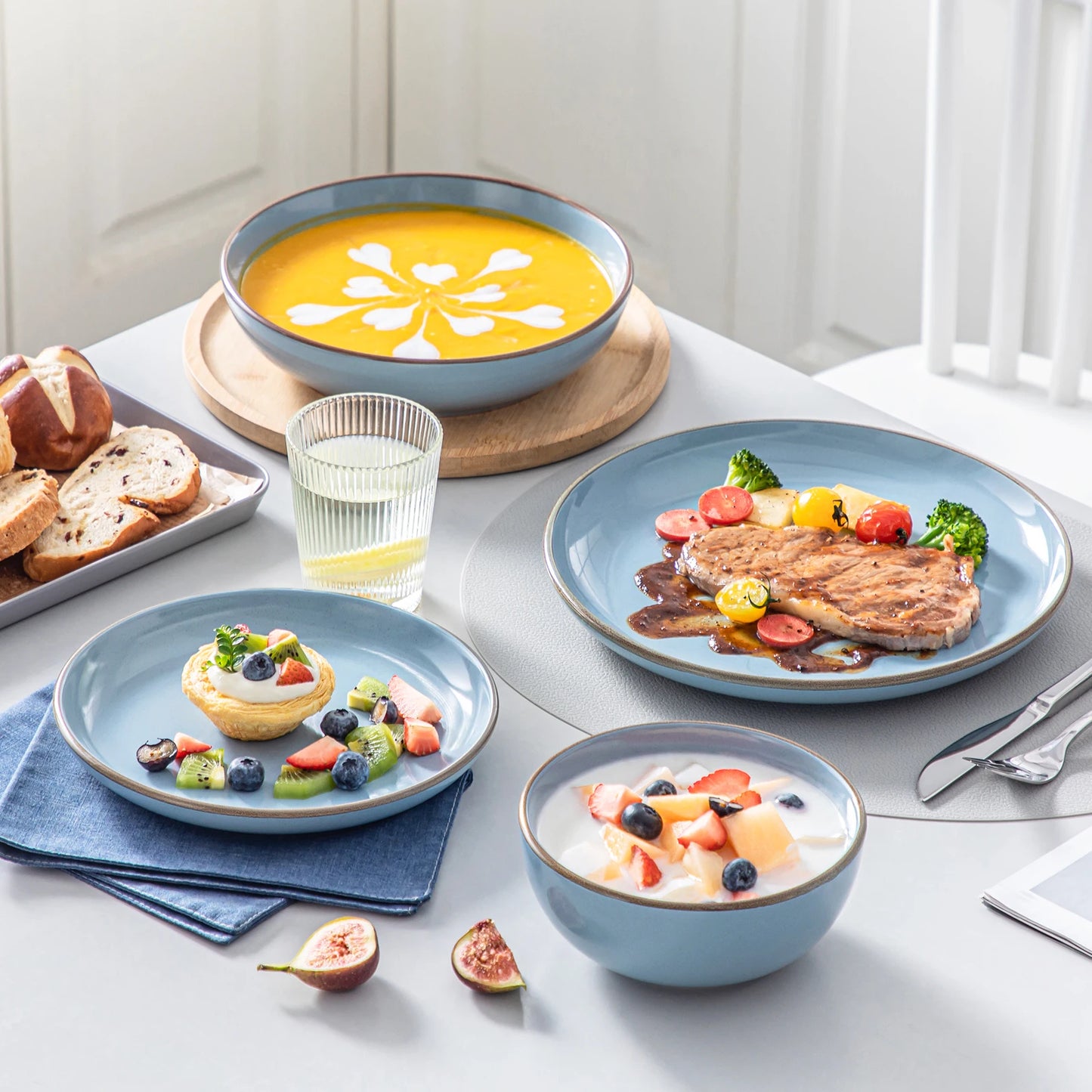 VANCASSO NYMPH 16/32 Piece Ceramic Glaze Tableware Set with Dinner/Dessert/Soup Plate/Bowl For 4/8 Person 4 Color Optional