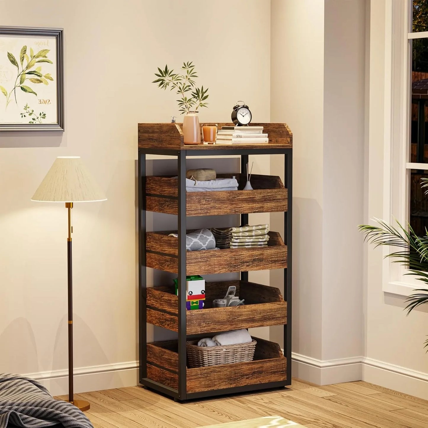 LITTLE TREE Wood Fruit and Vegetable Storage Rack, 5-Tier Pull-Out Snack Stand Fruit Basket Stand,for Kitchen, Living Room