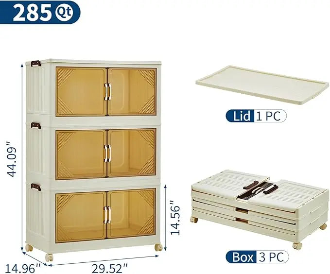 504QT Stackable Storage Bins, Plastic Bins for Storage with Lids,Magnetic Doors,Foldable Collapsible Closet Organizers for Home