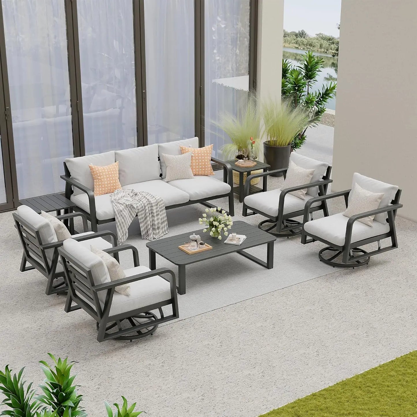 Outdoor Patio Furniture Set 4-Piece, Aluminum Swivel Rocking Chairs with All-Weather Cushions, Modern Patio Conversation Set
