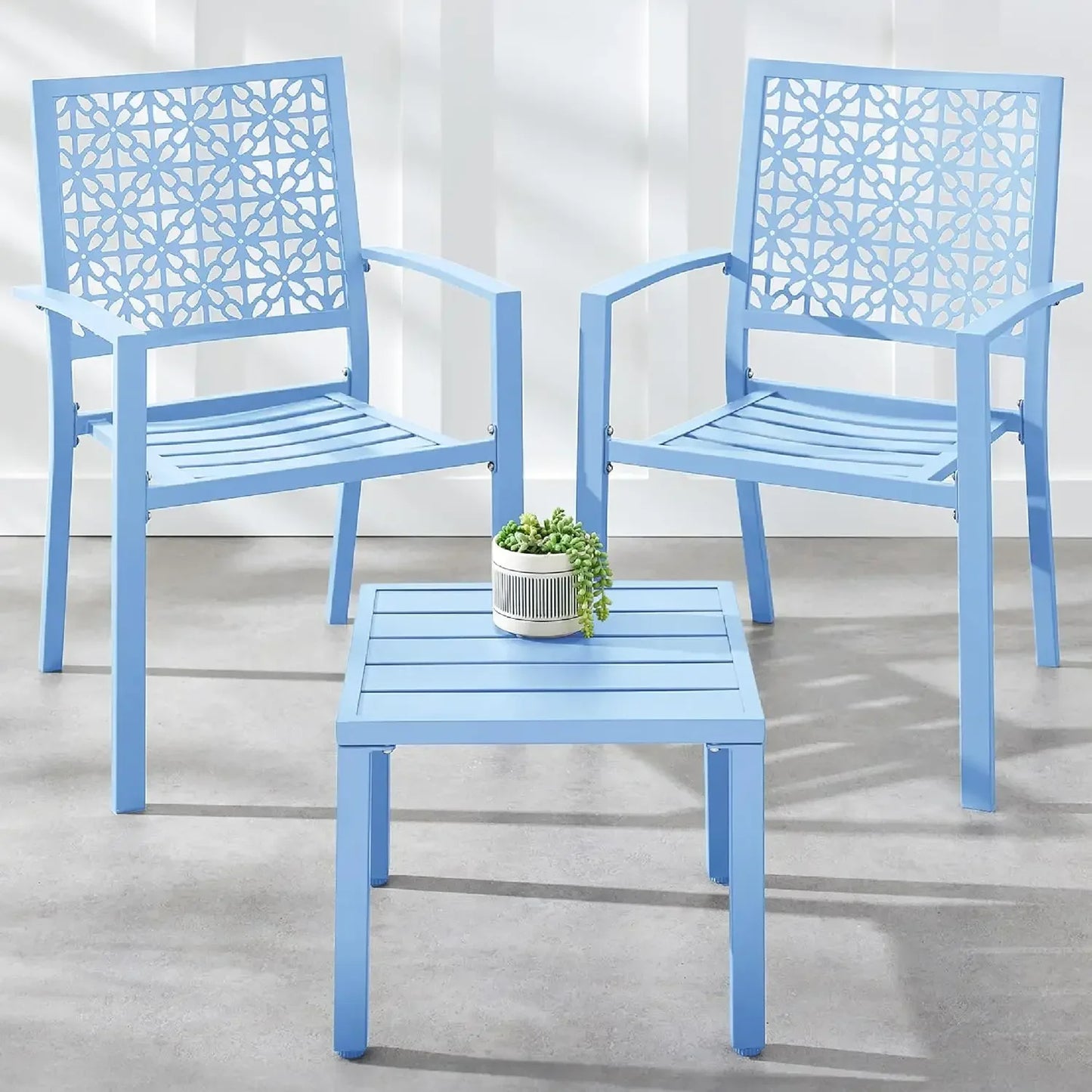 3-Piece Outdoor Bistro Set, Stackable Modern Steel Furniture for Porch, Garden w/ 2 Chairs, Table, Geometric Decor