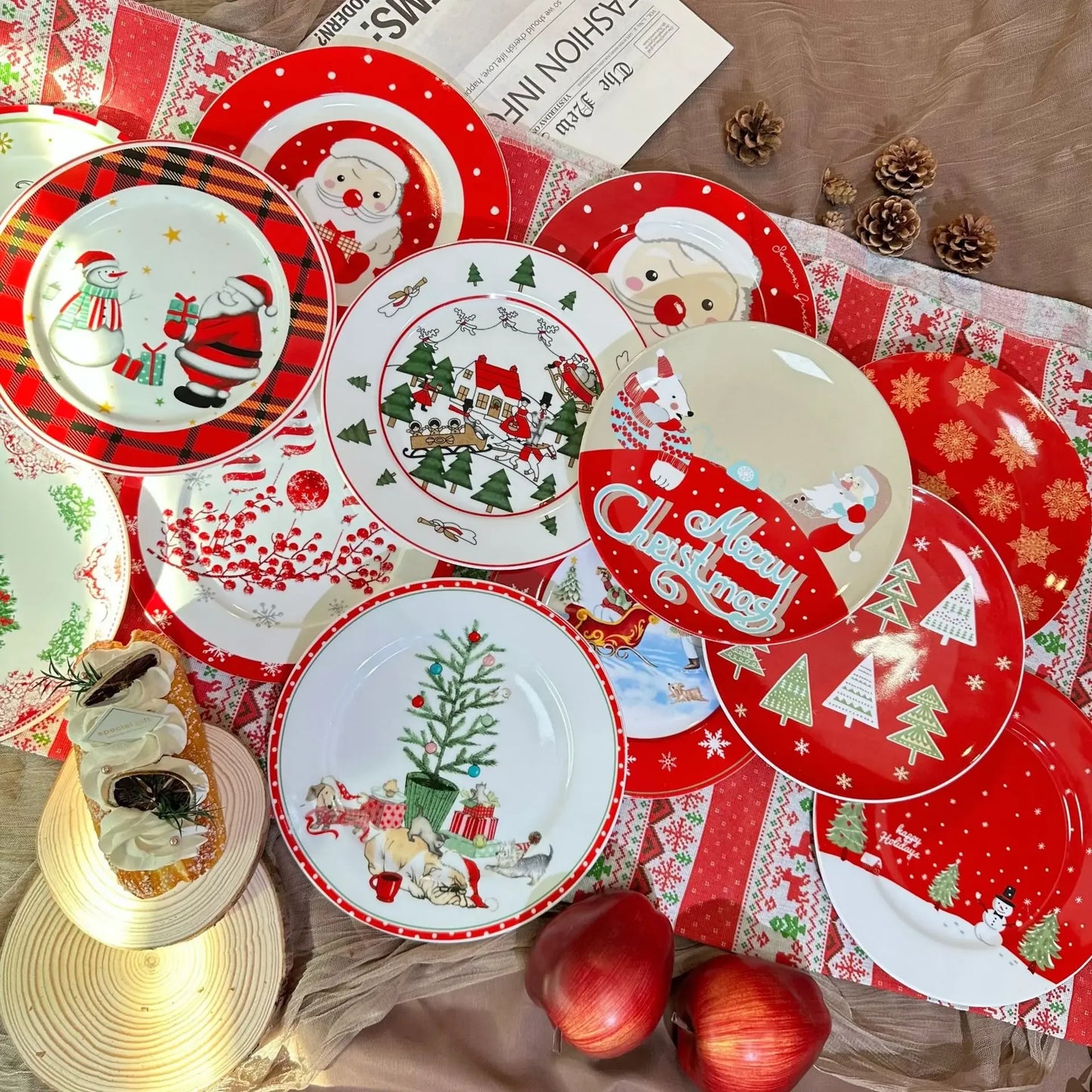 D20cm Christmas Ceramic Plates Christmas Element Table Decoration Dish Retro Village Atmosphere Dining Plate For Festival Decor