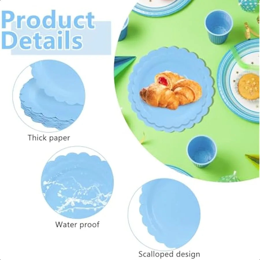 50 Pcs Light Blue Scalloped Paper Plates 7 Inch and 9 Inch Baby Blue Scalloped Dinner Plates for hower Birthday Wedding Party S