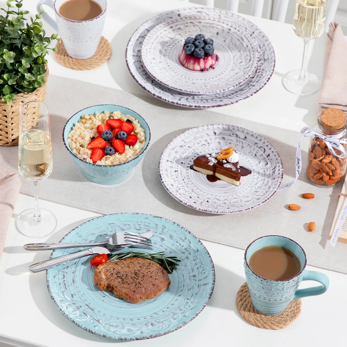 vancasso VINE 16/32/48 Ceremic Plates Dinner Set Stoneware Tableware Set with Dinner Plate,Dessert Plate,Bowl,Mug for 12 Person