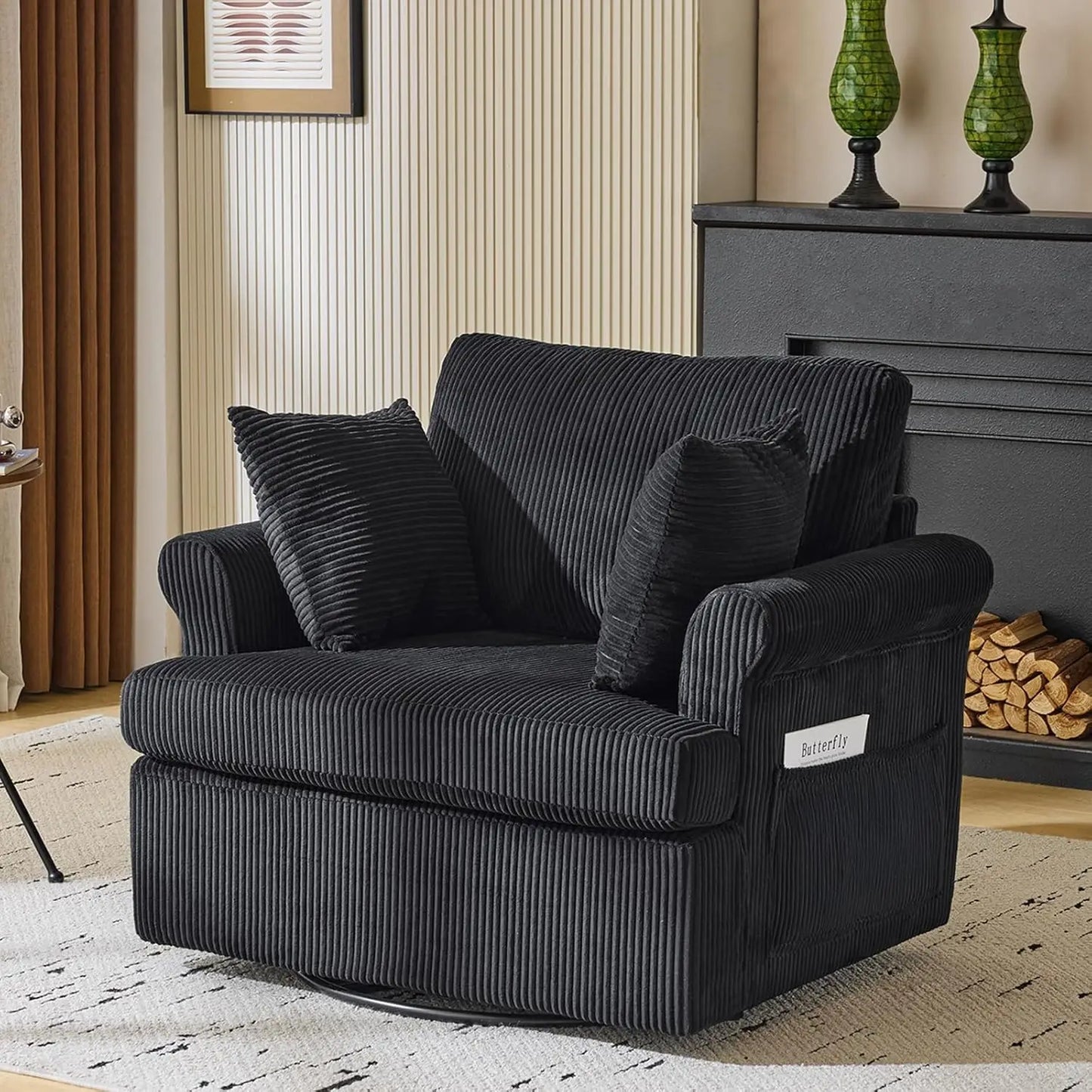 39" Swivel Accent Chair,Oversized Seat Armchair W/2 Pillows and 4 Pockets,Modern Upholstered Corduroy Barrel Chairs,Comfy
