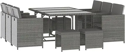 11 Pieces Outdoor Dining Set for 10, Space Saving Wicker Chairs and Glass Table with Cushions and Ottomans, Rattan Conversation