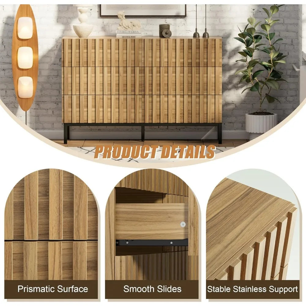 3 Piece Dresser and Nightstand Sets for Bedroom, 43" Matching 6 Drawer Dresser & Nightstand Set of 2, Modern Fluted Solid Wood