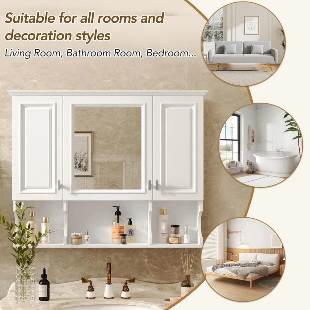 Bathroom Wall Cabinet with Mirror, Medicine Cabinet with 3 Doors and Adjustable Shelf, Space Saver Storage Cabinets Over The Toi